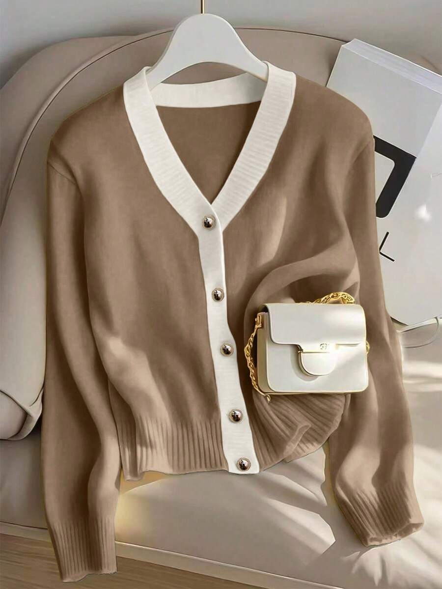 Franclia Áo khoác cardigan cổ chữ V phối màu thời trang ôm vừa vặn mới, đa năng và trẻ trung, mùa xuân/thu - Lạc đà - Xem 1
