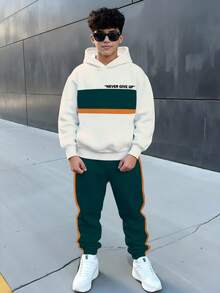 2pcs Tween Boy Casual Loose Comfortable Hoodie Set, Featuring College, Street, Fashion Classic, Sporty, Color Block, Y2K Style, Long Sleeve Sweatshirt, Suitable For Autumn/Winter - Multicolor - View 1