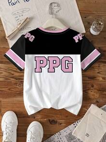 THE POWERPUFF GIRLS X SHEIN Tween Girls' Casual Colorblock Blossom, Bubbles, Buttercup Pattern Round Neck Short Sleeve T-Shirt, Summer Festival Vintage Streetwear Sportswear N Oversized Baseball Jersey T-Shirt,Autumn Clothes - White - View 2