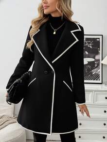 EMERY ROSE Women's Elegant Casual Commuter Black & White Patchwork Long Wool Blend Coat - Black - View 5