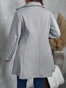 SHEIN 大码女式条纹长袖单排扣休闲羊毛混纺外套 - 深灰色 - 查看 2