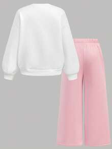 SHEIN Bộ 2 áo hoodie in hình mèo trái tim màu hồng dễ thương cho bé gái và quần cạp chun, mùa thu/đông - Màu Hồng baby - Xem 3