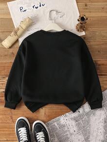 THE POWERPUFF GIRLS X SHEIN Tween Girl 休闲卡通印花长袖圆领运动衫，适合秋冬季 - 黑色 - 查看 2