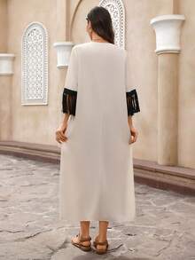 EMERY ROSE Women's Vacation Casual Colorblock Fringe Decor Mid-Length Dress Long Summer Dress For Women Casual Dresses For Women Resort Dresses For Women Tassel Dress