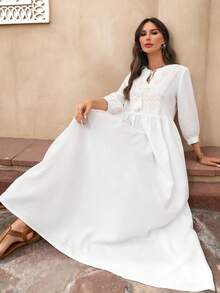 EMERY ROSE Đầm tay đèn lồng cổ buộc tua rua họa tiết hình học dành cho nữ, đi nghỉ - trắng - Xem 9