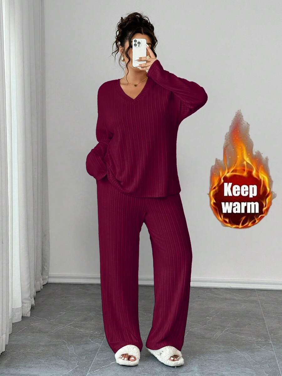 EMERY ROSE 女士加大码两件套，宽松V领长袖上衣和直筒裤，保暖质感面料，舒适家居服，适合休闲穿着 - 酒紅色 - 查看 1