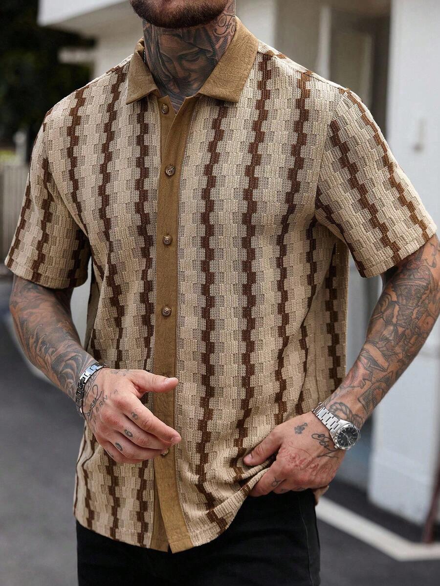 SLATEMANN Men's Contrast Color Patchwork Collar Button Front Casual Summer Shirt Jackpot - Khaki - View 1