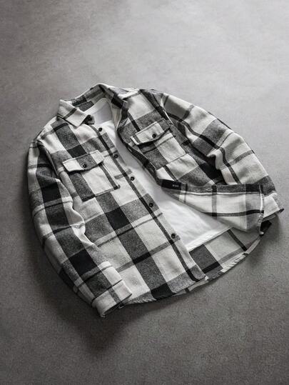 SLATEMANN Men's Spring & Autumn Casual Plaid Flip Pocket Plaid Color Block Shacket, For Friends, Husband, Boyfriend Gifts, For Fall