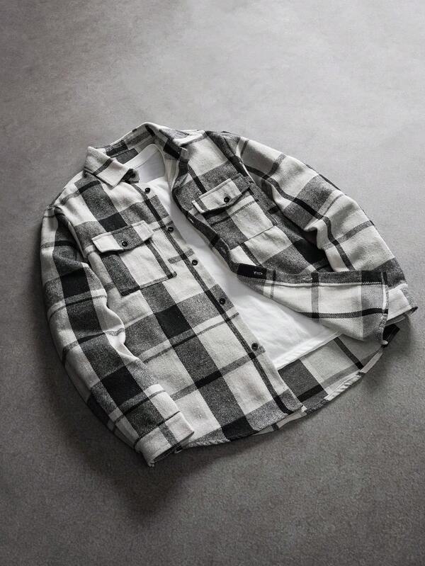 SLATEMANN Men's Spring & Autumn Casual Plaid Flip Pocket Plaid Color Block Shacket, For Friends, Husband, Boyfriend Gifts, For Fall