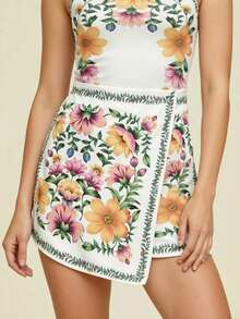 CAJUNI Women's Summer White Flower Tropical Floral Print Asymmetrical Short Wrap Skirt,Boho Vacation Holiday Beach Style,Green And Yellow Casual Outings - Multicolor - View 4