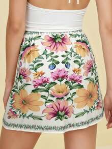CAJUNI Women's Summer White Flower Tropical Floral Print Asymmetrical Short Wrap Skirt,Boho Vacation Holiday Beach Style,Green And Yellow Casual Outings - Multicolor - View 2