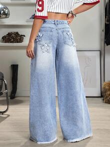 Jeanoix Y2K Low-Waist Fashion Star Embroidery Washed Wide-Leg Jeans - Blue - View 2