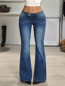 Jeanoix 女士休闲百搭Y2K低腰喇叭牛仔裤 - 深色水洗藍 - 查看 1