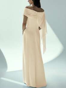 Aloruh Váy suông cổ thuyền lệch vai ôm vừa vặn mới có chi tiết buộc nơ, váy đuôi cá dài màu xanh lá cây đa năng cho sinh nhật, tiệc tùng, cocktail - Màu be - Xem 2