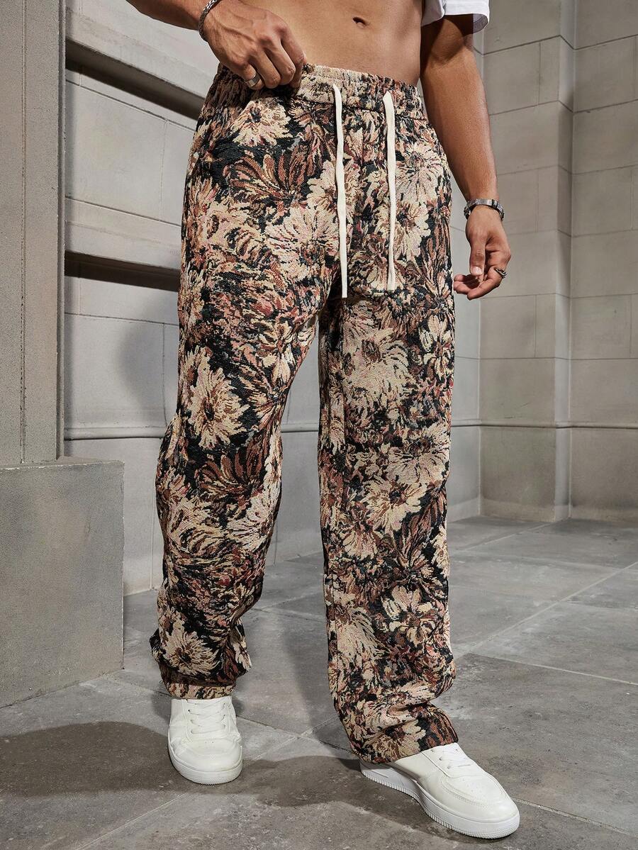 Manfinity Homme Quần dài nam dáng rộng in hoa Hawaii màu xanh - màu đen - Xem 1