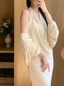 DAZY Sexy Plunging Neck Spaghetti Strap Camisole Top & Loose Cardigan 2 Pieces Set For Women - Apricot - View 5