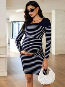 MaterniWear 孕妇条纹方领长袖修身休闲哺乳连衣裙 - 藍色 - 查看 4