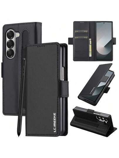 Fashion Business Faux Leather Phone Case Compatible With Samsung Galaxy Z Fold 7 6 5 4 3 With Pen Slot 3 Card Slot Anti-Theft Brush Wallet Cover