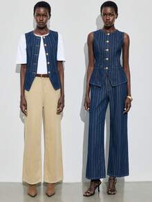 Maija Áo denim không tay cổ tròn in họa tiết sọc cài nút phía trước cho nữ - Rửa trung bình - Xem 2