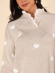 Coeurva Áo len dài tay họa tiết trái tim cổ ren thường ngày cho nữ, áo len màu yến mạch cho nữ, áo len in hình trái tim, áo len dễ thương, áo len màu be, áo len mùa thu - Màu be - Xem 4