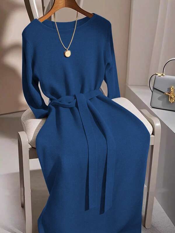 GlowEve Vestido de suéter de cuello redondo de manga larga con lazo en gris, moda minimalista lujosa, versátil y elegante, adecuado para múltiples ocasiones