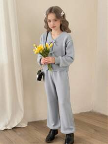 Young Girl Two Pieces Set With A Bow Knitted Long-Sleeved Cardigan And Knitted Wide-Leg Trousers. It Is Suitable For Autumn And Winter, Christmas, Back-To-School Outfit Girls Co Ord Sets Two Piece Set Women Girl Knit Set Knit Two Piece Set Blue Knit Set - Light Grey - View 3