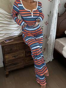 SHEIN Bộ đồ ngủ nữ tay dài, cổ vuông, cài cúc phía trước, họa tiết sọc nhiều màu sắc, viền ren, phong cách thường ngày. - Nhiều màu - Xem 5