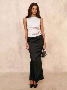 SHEIN BAE 女士圆领无袖撞色蕾丝荷叶边设计连体衣，百搭