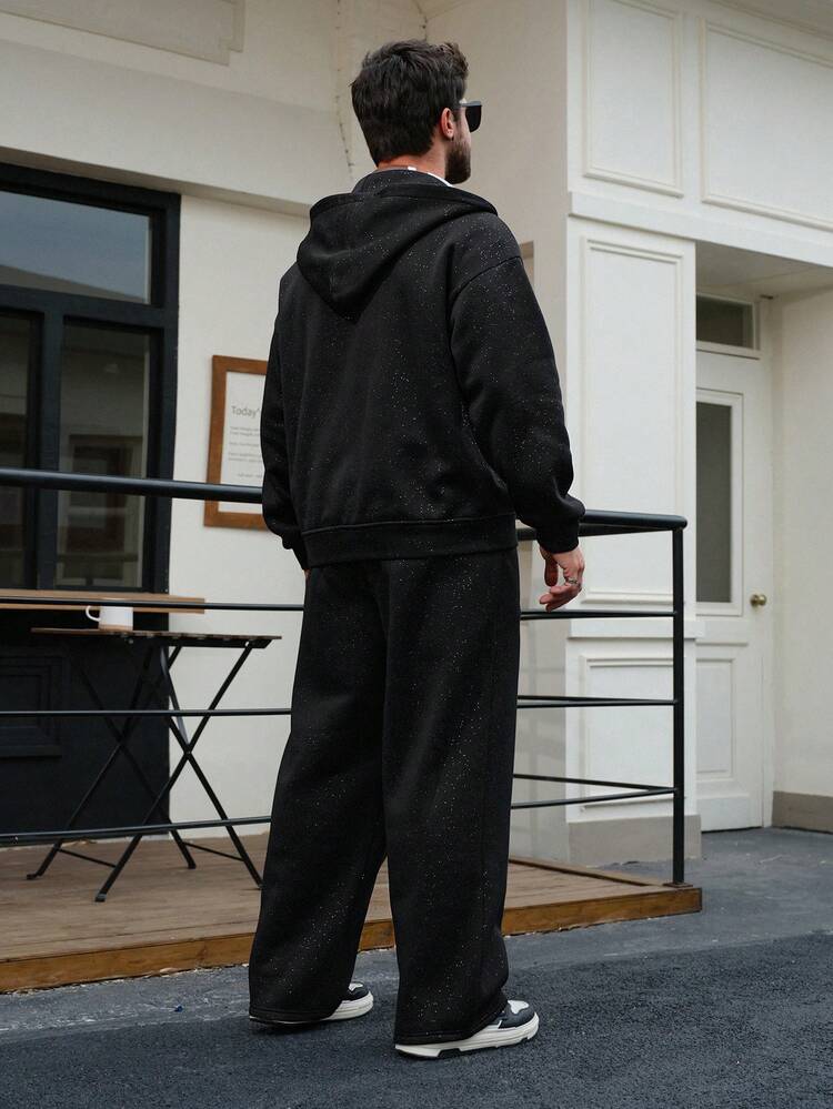 Men's Autumn/Winter Thermal Lined Black Sweatshirt & Colorful Sequin Hoodie Sweatshirt Set