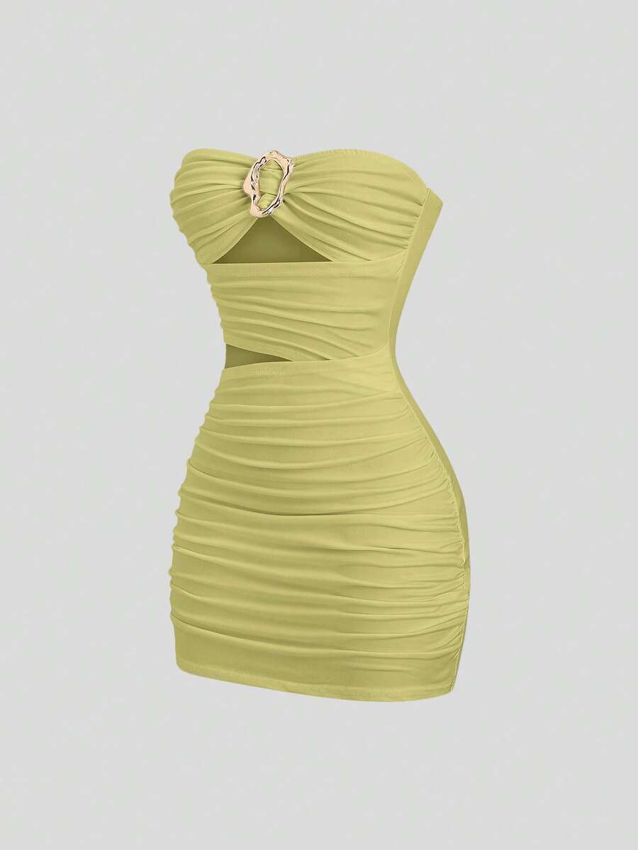 Sweetra 女士性感修身无肩带迷你连衣裙，配金属扣 - 橄欖綠 - 查看 1
