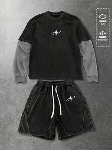 ROMWE MEN 男士星形印花圆领长袖T恤和抽绳腰带口袋短裤套装，休闲日常通勤装 - 彩色 - 查看 1