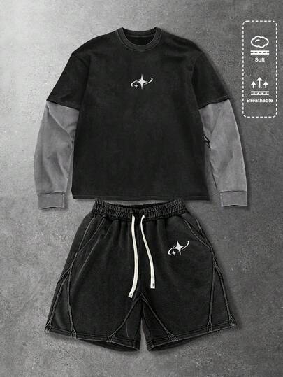 Men's Star Print Crew Neck Long Sleeve T-Shirt And Drawstring Waist Pocket Shorts Set, Casual Everyday Commute Outfit