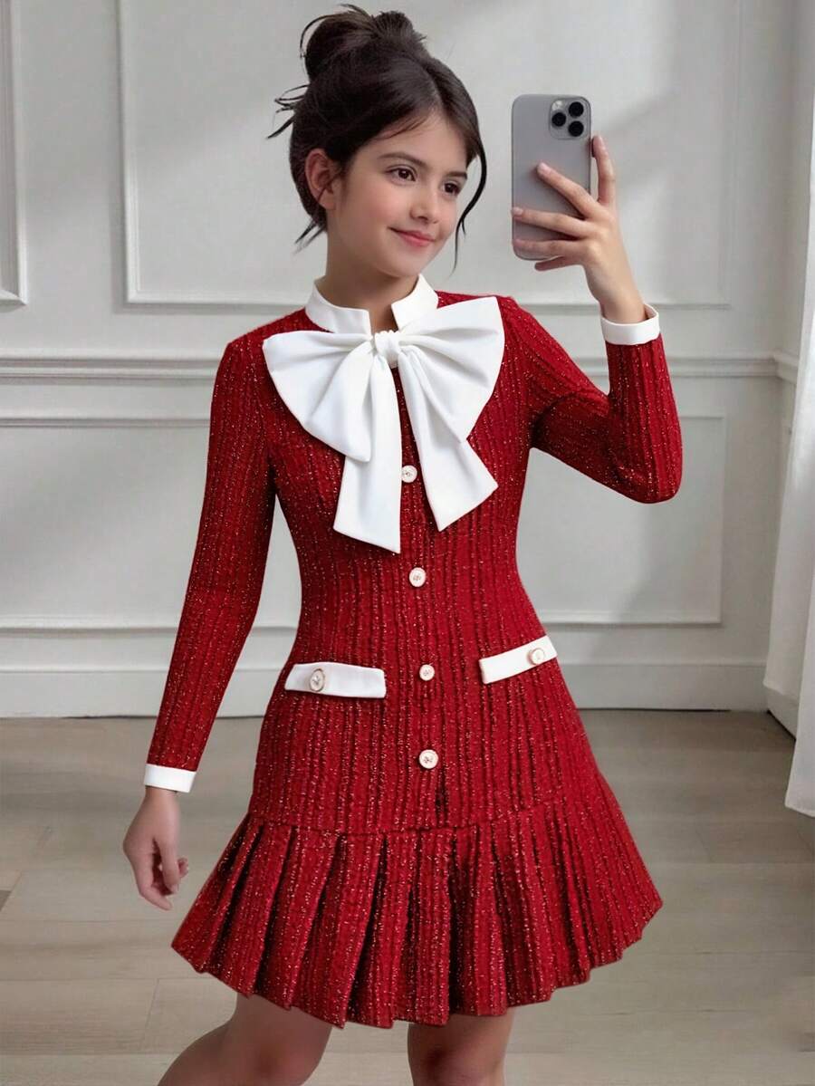 SHEIN 少女优雅蝴蝶结装饰褶皱下摆连衣裙，秋季 - 紅色 - 查看 1