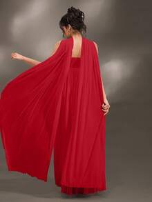 Cheriluna Maternity Elegant Ruffle Detail Solid Color Off-Shoulder Sleeveless Maternity Dress For Baby Shower, Christmas Party - Red - View 2