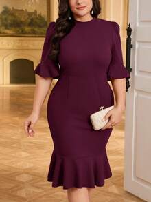 SHEIN Privé Vestido formal de línea A de manga abullonada, de talla grande, para mujer, elegante y casual, para oficina y uso diario - Rojo violeta - Ver 5