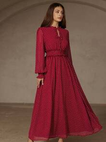 BELROSIE Wine Red Elegant Vintage Polka Dot Random Print Drawstring Waist Frill Trim Long Sleeve Dress - Multicolor - View 4