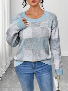 EMERY ROSE Plus Size Elegant Color Block Plaid Crew Neck Long Sleeve Sweater - Blue - View 3