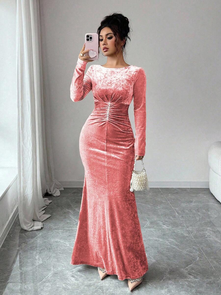 Elenzga Đầm midi bodycon nhung viền bèo nhún lãng mạn thanh lịch, cổ tròn tay dài - Bụi hồng - Xem 1