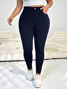 SHEIN EZwear 大码海军蓝休闲修身裤，春夏 - 藏蓝色 - 查看 7