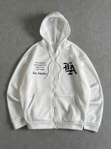 Manfinity ZONE917 Men Loose Fit Slogan Printed Drawstring Hooded Fleece Sweatshirt, For Fall Winter - White - View 1