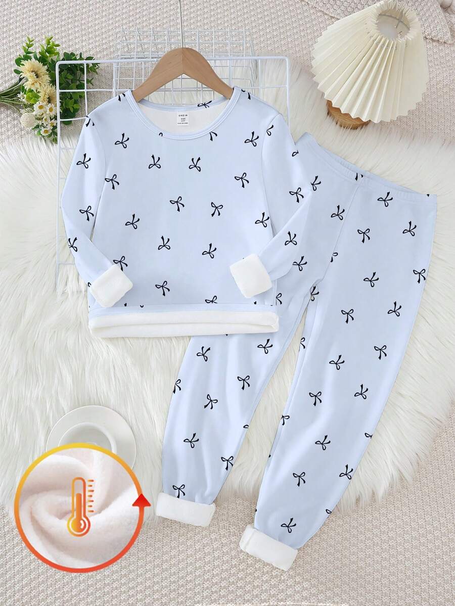 Tween Girls Snug Fit Cute Bow Thermal Lined Loungewear Set - Light Blue White Cute Bow Thermal Lined Loungewear 2-Piece Combo Cute Bow Design Light Blue White Fresh Color Round Neck Long Sleeve Cute Bow Thermal Lined Loungewear Set 2-Piece Combo Social Media Style Cute Bow 2026 New Year Holiday Essential Spring Summer Autumn Winter Tween Girls Cute Bow Thermal Lined Loungewear Set Light Blue Pajama Set Two Piece Sleep Set Kids Pajama Set - Baby Blue - View 1