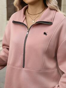 Juhart 大码女式休闲立领刺绣长袖卫衣两件套，莲藕粉色 - 藕粉色 - 查看 7