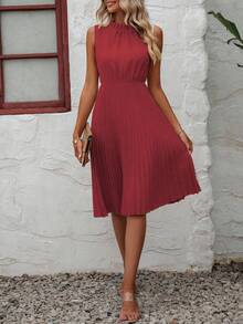 SHEIN PETITE Women's Solid Color Elegant Pleated Sleeveless Waist Dress - Red - View 3