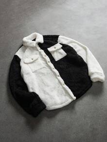 SLATEMANN 男士纯色撞色饰边纽扣前口袋毛茸茸长袖休闲狂野夹克，男士高领衫，男士开衫，法兰绒男士夹克，男士法兰绒，冬季男士夹克，适合秋季 - 彩色 - 查看 1