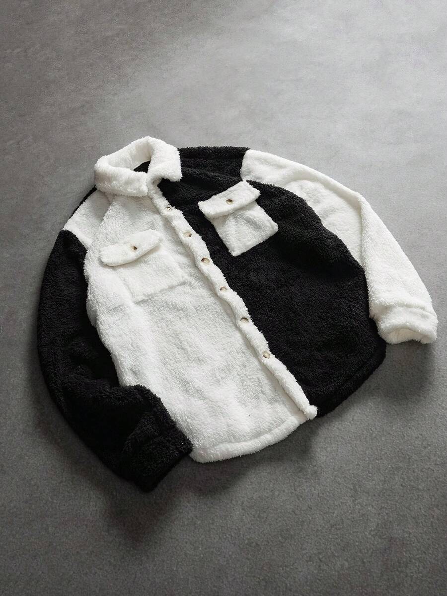 SLATEMANN 男士纯色撞色饰边纽扣前口袋毛茸茸长袖休闲狂野夹克,男士高领衫,男士开衫,法兰绒男士夹克,男士法兰绒,冬季男士夹克,适合秋季 - 彩色 - 查看 1