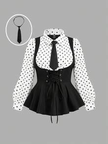 Sweetra Plus Size U-Neck Solid Color Contrast Keyhole Front Drawstring A-Line Long Sleeve Shirt Peplum Top - Black and White - View 1
