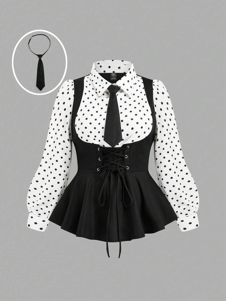 Sweetra Plus Size U-Neck Solid Color Contrast Keyhole Front Drawstring A-Line Long Sleeve Shirt Peplum Top - Black and White - View 1