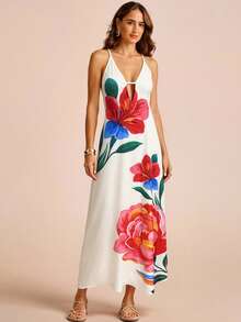 CAJUNI 女士休闲度假热带花卉红色杏色吊带露肩V领连衣裙，女士优雅连衣裙，休闲连衣裙，约会连衣裙，外出连衣裙 - 杏色 - 查看 4