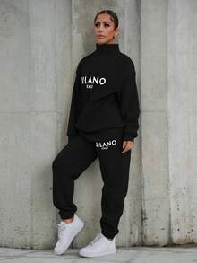 SAYEHFBABY MILANO Damen Lässig Buchstaben Muster Stehkragen Reißverschluss Halb-Reißverschluss Loose Langarm Fleece Sweatshirt und Hose Set, geeignet für Herbst/Winter Ausflüge, modisches Matching - Schwarz - Übersicht 5
