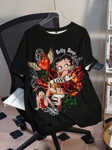 Betty Boop x SHEIN Plus Size Summer Casual Letter & Cartoon Figure Graphic Round Neck Short Sleeve T-Shirt Women Graphic Shirts Woman S Cartoon  Cartoon Graphic Tee Woman Graphic Tees - White - View 1